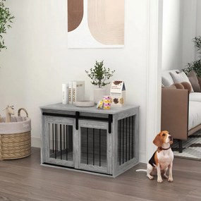 Gaiola para cães e animais de estimação 57 (A) x 80 (C) x 54 (L) cm, para interior, com porta deslizante, em metal com efeito de madeira cinzenta