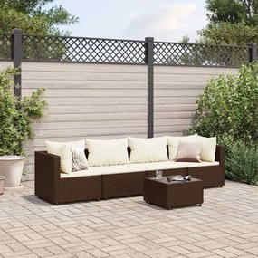 vidaXL 5 pcs conjunto lounge jardim c/ almofadões vime PE castanho