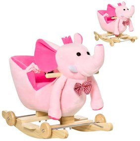 Cavalo Baloiço com Rodas e Forma de Elefante com Músicas Infantis e Cinto de Segurança 60x35x45 cm Rosa