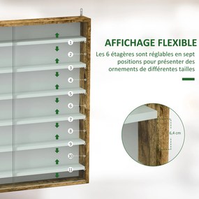 Vitrine para coleção, vitrine de parede, 80 x 9,5 x 83 cm, 6 prateleiras com altura ajustável, 2 portas de correr em vidro branco, castanho rústico