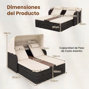 Cama de rattan jardim dupla com toldo retrátil 203 x 159 x 141 cm, encostos ajustáveis e mesa central com porta-copos para jardim, piscina e terraço c