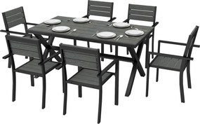 Conjunto de jantar de jardim de 7 peças para 6 pessoas, mesa e cadeiras empilháveis com ripas com efeito de madeira, estrutura em alumínio, cinzento