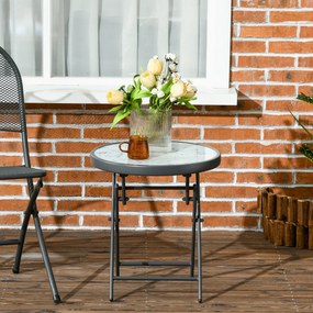 Mesa de jardim dobrável Ø45 x 50 cm, mesa auxiliar dobrável, tampo em vidro temperado com efeito mármore, estrutura redonda em metal, , cinzento escur