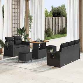 Conjunto de Sofá de Jardim de 8 Peças com Almofadas Preto Rattan Poliéster Acácia
