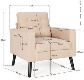 Sofá moderno de braços em pele Apida com pernas de madeira e 2 bolsos laterais 75 x 81 x 86 cm Bege