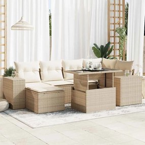 vidaXL 7 pcs conjunto de sofás p/ jardim com almofadões vime PE bege