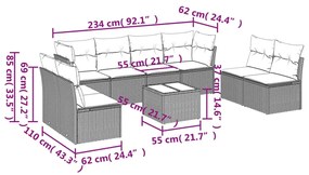 9 pcs conjunto de sofás p/ jardim com almofadões vime PE bege