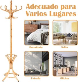 Cabide de pé estilo árvore com pés de madeira para pendurar casacos. Inclui suporte para guarda-chuvas natural