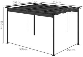 Pérgola de Jardim com Teto Retrátil 4 Cortinas Enroláveis de Poliéster e Estrutura de Metal 3,95x2,95 cm Cinza Escuro