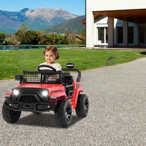 Carro elétrico para crianças 12V com comando à distância, volante, painel musical, buzina, faróis, espelhos rebatíveis, 4 rodas, vermelho