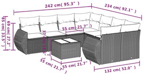 9 pcs conjunto sofás p/ jardim com almofadões vime PE cinzento