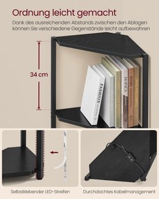Estante de canto com 5 prateleiras 24,8 x 48 x 146,6 cm, estante para livros com iluminação LED ajustável Preta