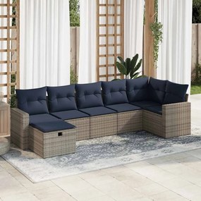 7 pcs conjunto sofás p/ jardim c/ almofadões vime PE cinzento