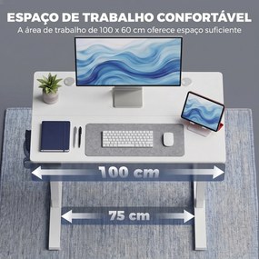 Secretária Elevatória com Memória, Altura Regulável, 2 Passa-cabos e Ecrã LED, Branco