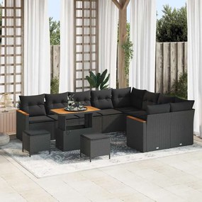 Conjunto de Sofá de Jardim de 12 Peças com Almofadas Preto Rattan Poliéster Acácia