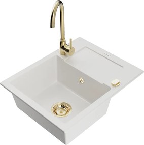Mexen Enzo lava-louça de granito 1-cuba com escorredor e torneira de cozinha Telma, branco - 6506-20-670200-50