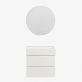 Conjunto De Móvel De Casa De Banho Suspenso Em Madeira E Folha De Freixo Com Lavatório Integrado Ona Branco & Redondo Led E - Sklum