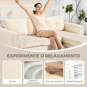 Sofá Chaise Longue Reversível de 3 Lugares Estofado em Veludo Estrutura de Aço Para Salas Pequenas Creme