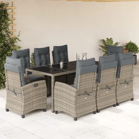 9 pcs conjunto de jantar p/ jardim c/ almofadões vime PE cinza