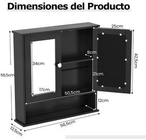 Armário de parede para casa de banho com espelho, 2 portas, prateleira ajustável e compartimento aberto 56,5 x 13,5 x 58,5 cm Preto