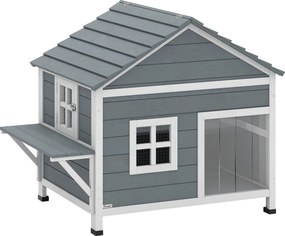 PawHut Casinha de Gato em Madeira 2 Andares com Telhado Rebatível Impermeável, Plataforma Lateral, 101x72,5x81 cm, Cinza | Aosom Portugal