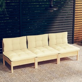 vidaXL Sofá de jardim 3 lugares com almofadões cor creme pinho maciço