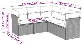 5 pcs conjunto sofás p/ jardim c/ almofadões vime PE castanho