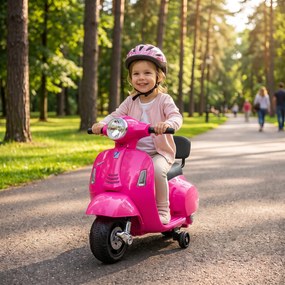 Mota Elétrica Infantil 6V para crianças 18-36 meses com Licença Mini Vespa GTS, 2 Rodas Auxiliares, Bateria de Lítio, Farol, Buzina, Encosto, Rosa