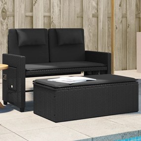 vidaXL Banco de jardim reclinável com almofadões vime PE preto