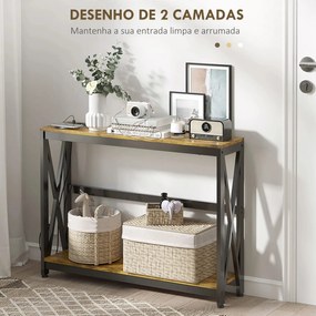 Mesa Consola de Estilo Industrial de 2 Níveis com Estação de Carregame