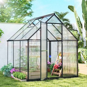 Estufa de jardim em alumínio e policarbonato, com janela ajustável e porta de batente resistente às intempéries e transparente