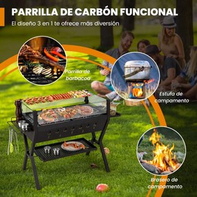 Grelhador a carvão para churrascos em aço inoxidável com luvas de proteção contra o vento 98 x 42 x 68 cm