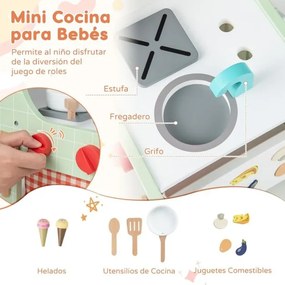 Cozinha de brincar 6 em 1 com carrinho de aprendizagem, jogo de formas, relógio educativo e rodas para bebés com mais de 12 meses, verde
