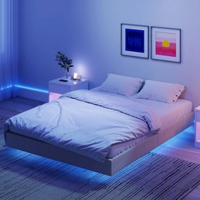 Estrutura de cama suspensa 140 x 190 cm com iluminação LED (COLCHÃO NÃO INCLUIDO), cama de casal estofada em linho, base de ripas de madeira, bege