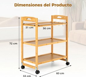Carrinho de Armazenamento para Cozinha, 60 x 33 x 72 cm, Estante Ajustável, Natural