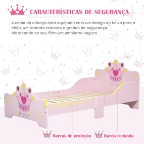 Cama Infantil +3 Anos 143x73x60 cm com Estampado Coroa Carga 50 kg para Quarto Rosa