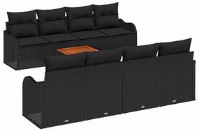 Sofá de Jardim 9 Peças com Almofadas em Rattan Preto e Acácia