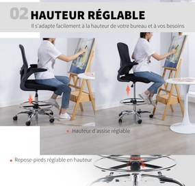 Cadeira de escritório ergonómica, cadeira de desenho, apoio lombar 4D, braços rebatíveis, 60 x 60 x 108-132 cm, preta
