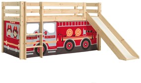 Cama alta de Criança PINO 90 x 200 cm + estrado + escada + escorrega + cortina Bombeiros Natural