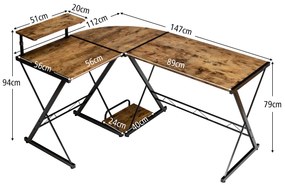 Mesa de computador angular em forma de L com suporte de monitor ideal para casa e mesa 147 x 112 x 79 cm Natural