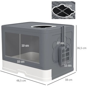 Caixa de Areia para Gatos Amovível com Pá Escova 2 Portas Entrada Principal e Saída Superior 48,5x38x36,5 cm Cinza