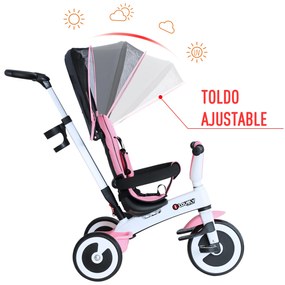 HOMCOM triciclo bebê 4 em 1 s para crianças +18 meses Evolutivo capuz Barra Destacável Controle Parental Brinquedo de aprendizagem Rosa