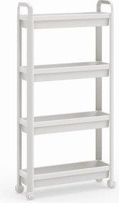 Carrinho estreito de 4 níveis com rodas e pegas 54 × 18,5 × 103 cm Organizador móvel para cozinha, casa de banho, lavandaria e escritório Branco