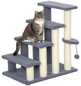 PawHut Arranhador para Gatos de 4 Níveis Escada para Animais de Estimação Revestida com Franela Suave Poste de Sisal Bola Suspensa 60x40x64 cm Cinzento