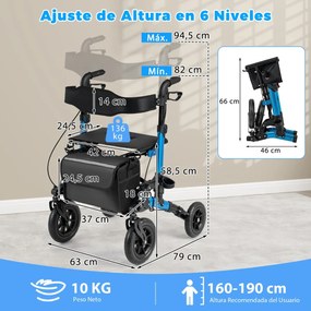 Andador dobrável com rodas para idosos, com assento, encosto, malha, suspensão por molas, suporte para bengala e bolsa, 4 rodas, preto + azul