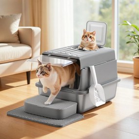 Caixa de areia para gatos em aço inoxidável 60 x 40 x 38 cm, com tampa e pá Cinzento