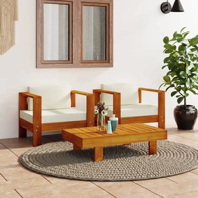 vidaXL 3pcs conj. lounge jardim c/ almofadões cor creme madeira maciça