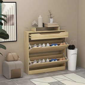 Sapateira 89 x 23 x 96 cm com 2 gavetas rebatíveis + 1 gaveta deslizante + 1 balcão e 1 prateleira de vidro ajustável cor carvalho
