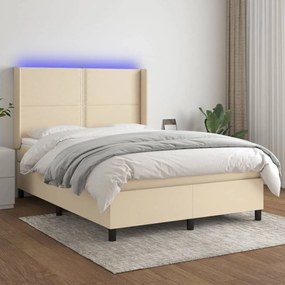 Cama box spring c/ colchão e LED 140x190 cm tecido cor creme