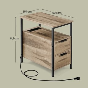 Mesa apoio, mesa de cabeçeira 60 x 35 x 61 cm com estação de carregamento e 2 gavetas castanho camelo-preto